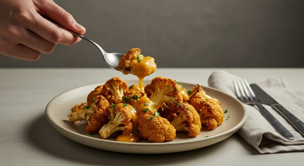 Keto Smoky Cauliflower Hand holding a spoonful of creamy smoky cauliflower over a stylish ceramic plate.