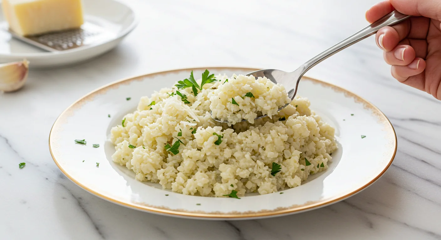 Keto Garlic Asiago Cauliflower Rice Professional photo of Keto Garlic Asiago Cauliflower Rice on a white plate with a hand holding a spoon.