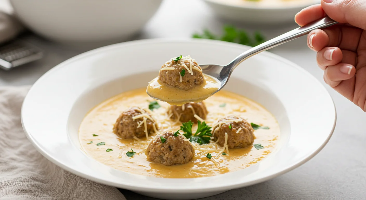 keto Meatball Soup Hand holding a spoon scooping keto meatball soup from a white plate, with creamy broth and parsley garnish.