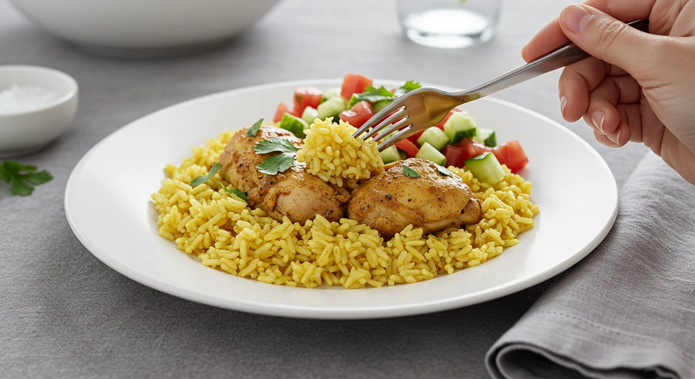 WW One-pot coriander chicken and rice A hand holding a fork over a plate of coriander chicken and rice with cucumber-tomato salad, styled on a gray background with soft lighting.