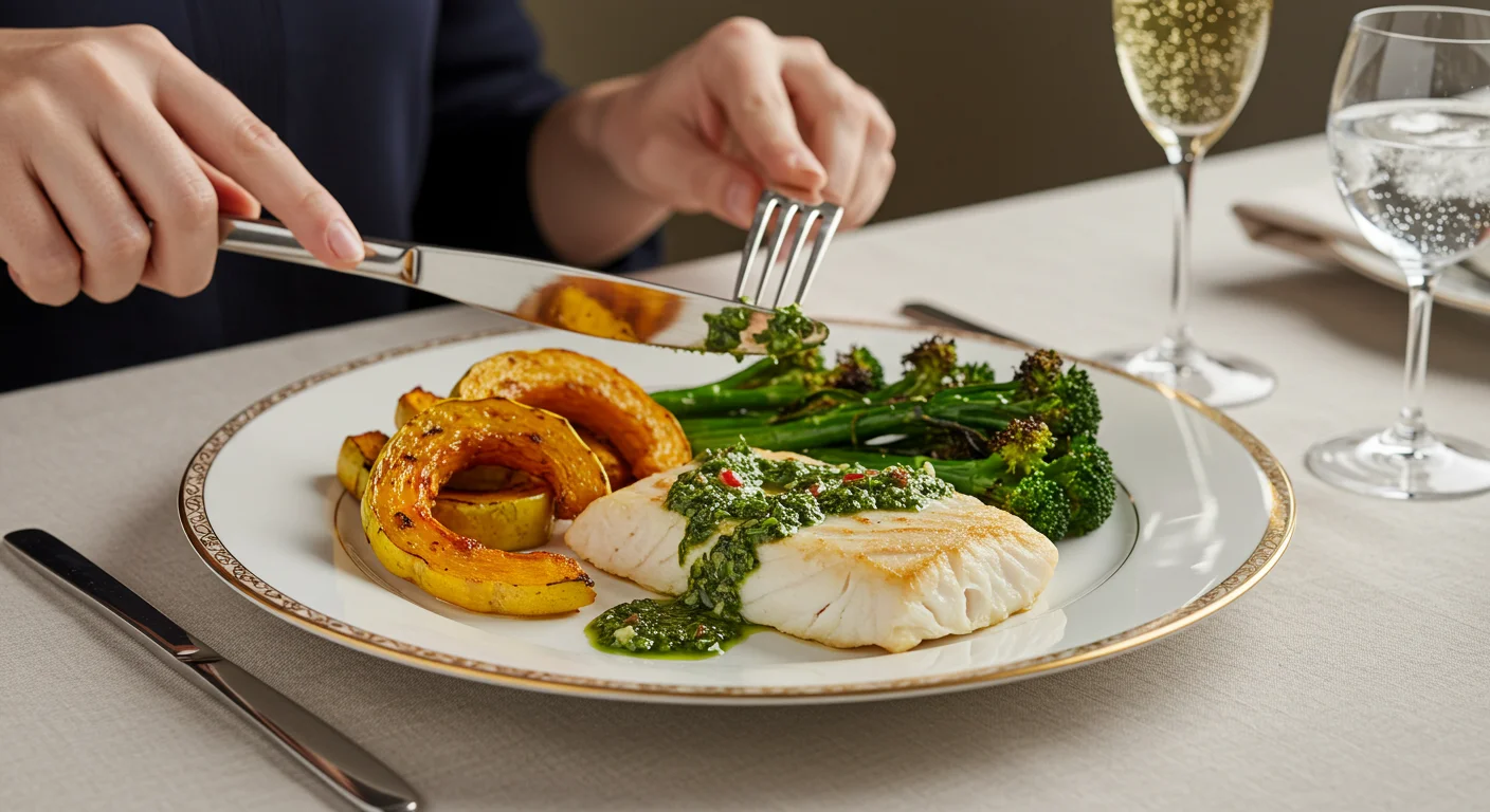 WW Chimichurri-Arctic Char & Vegetables Classy plate of WW Chimichurri-Arctic Char & Vegetables with squash, broccoli, and char topped with chimichurri sauce, a hand holding fork and knife above.