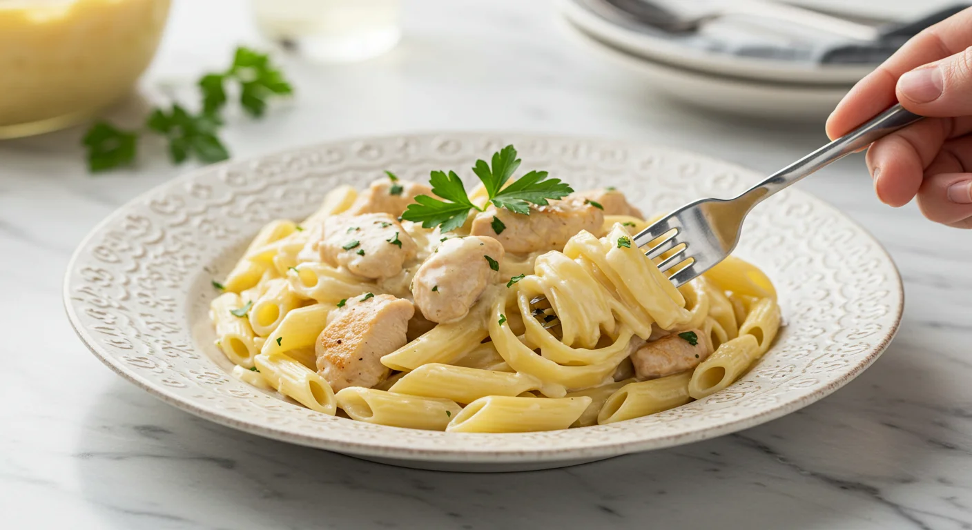 WW Chicken Alfredo WW Chicken Alfredo plated on a ceramic dish with a hand holding a fork, set against a marble background with soft lighting.
