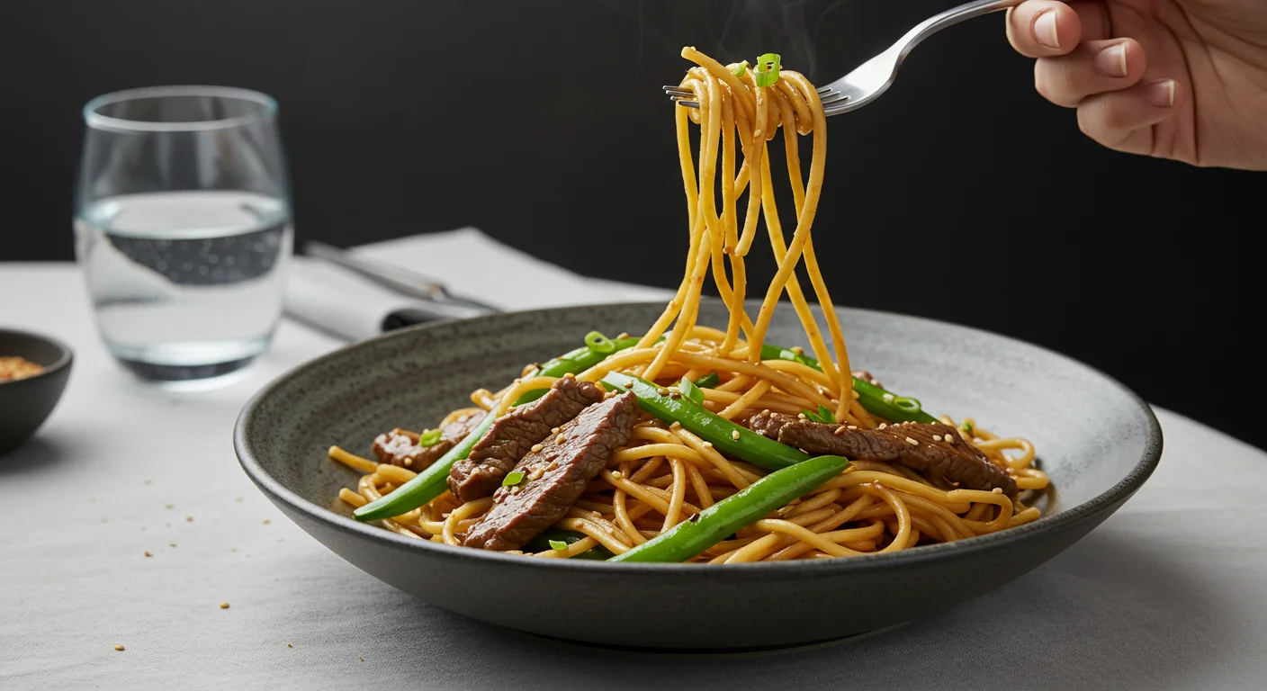 WW Teriyaki noodle beef stir-fry WW Teriyaki Noodle Beef Stir-Fry on a ceramic plate with a fork twirling noodles, held by hand, against a blurred, minimal table setting.