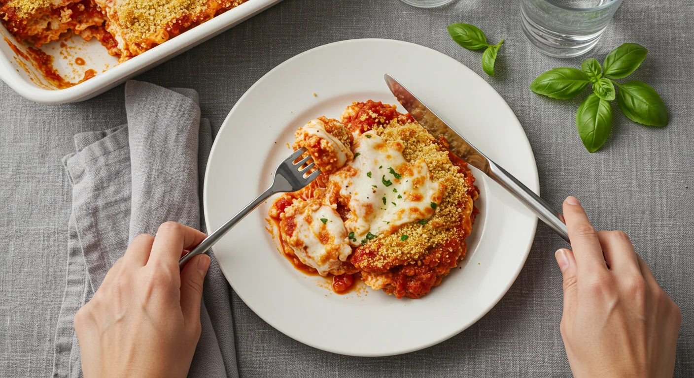 WW Chicken Parmesan Casserole Serving of Chicken Parmesan Casserole on a white plate with a hand holding a fork and knife, ready to eat.