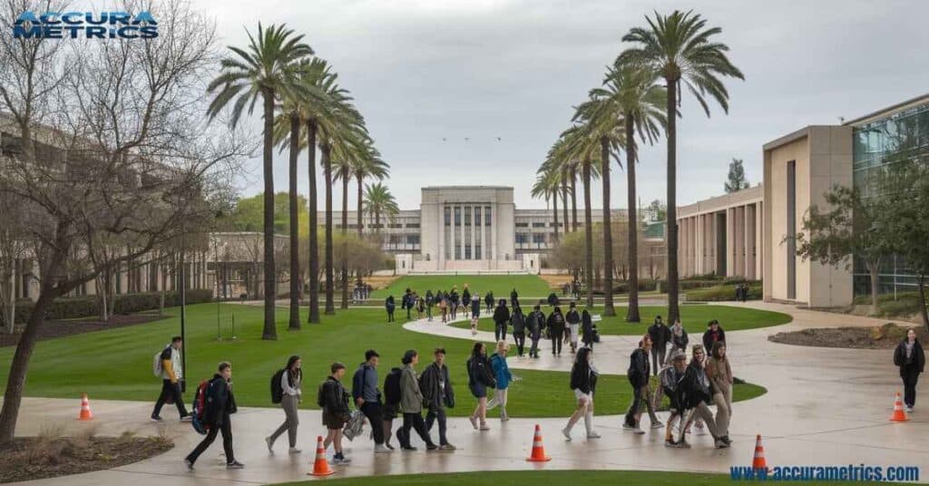 A Florida university campus with students, palm trees, and a grand building.