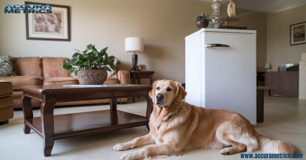 A Golden Retriever next to a coffee table and mini fridge Comparing Animal Sizes.