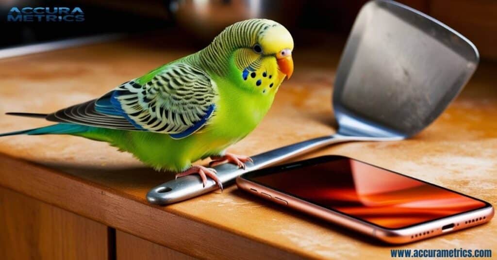 A parakeet sitting next to a spatula and smartphone, Comparing Animal Sizes