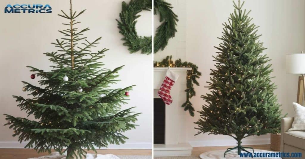 A real natural full shape next to a slim artificial tree in a festive living room.