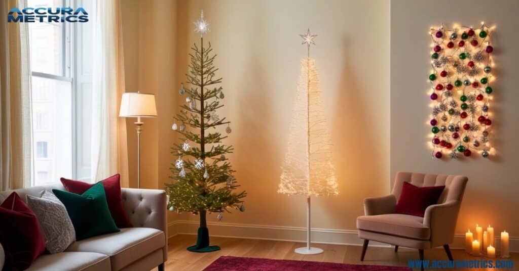 A slim tree, a flat backed half tree, and a DIY wall mounted tree in a cozy apartment living room.