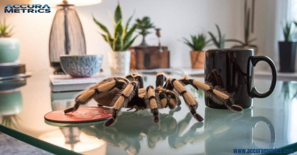 A tarantula next to a coaster and coffee mug, illustrating its size.