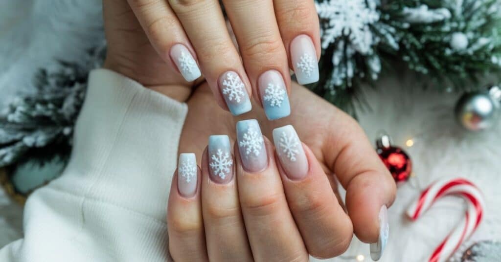 Short to medium with snowflake designs and a winter ombre effect, perfect for everyday holiday activities.