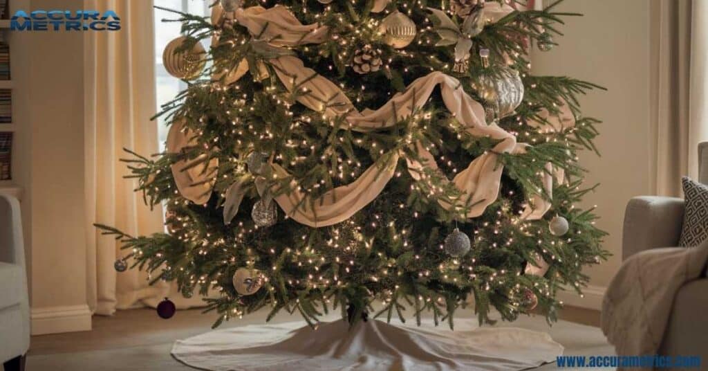 Oversized ornaments, garlands, lights, and a neatly arranged tree skirt in a cozy living room