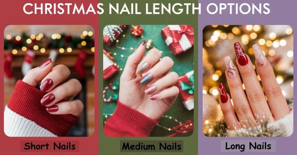 Colorful Christmas gel nails comparison short nails for practicality, medium nails for balanced designs, and long nails for bold festive styles.