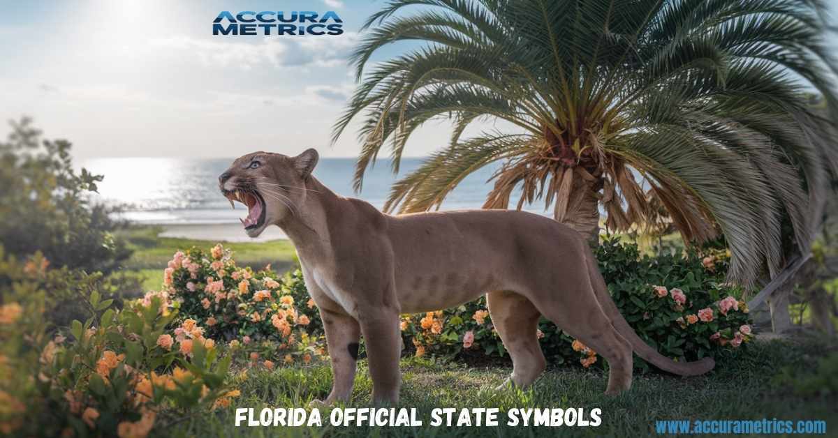 Illustration of Florida state symbols the panther, orange blossom, and sabal palm tree, set against a sunny and lush Florida inspired backdrop.