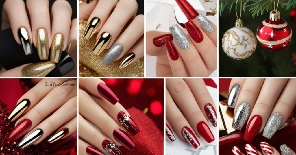 Medium to long nails with metallic finishes and bold red glittery accents, perfect for holiday parties and gatherings.