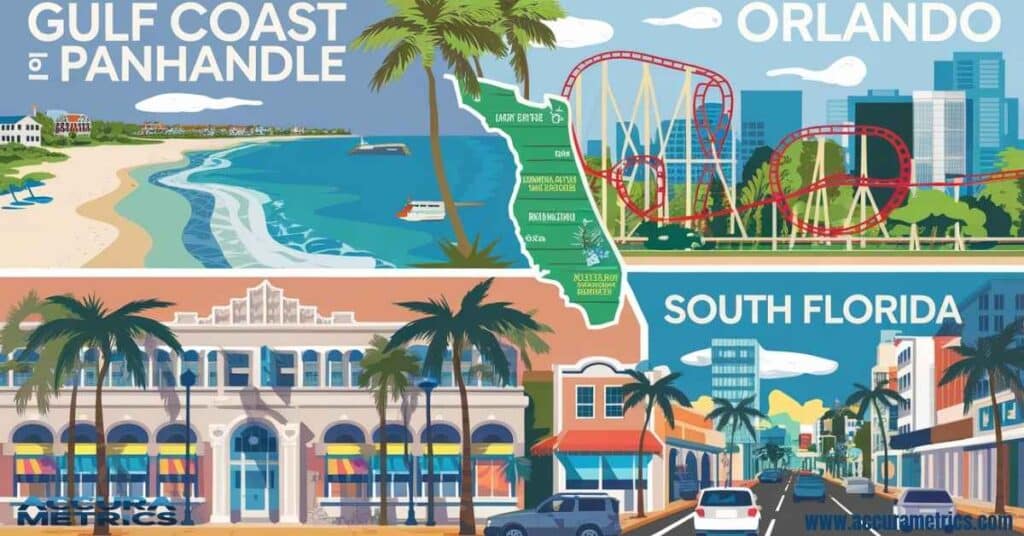 Illustration of Florida regions showing Gulf Coast beaches, Orlando’s theme parks, and a lively Miami street scene.