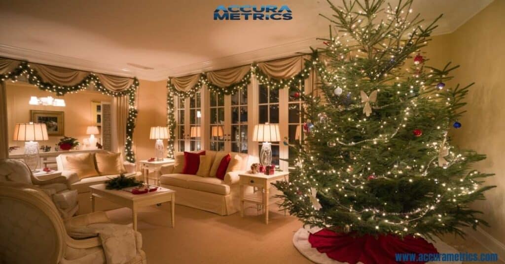 A decorated living room featuring a Christmas tree in the corner, adorned with lights and ornaments, creating a warm holiday ambiance.