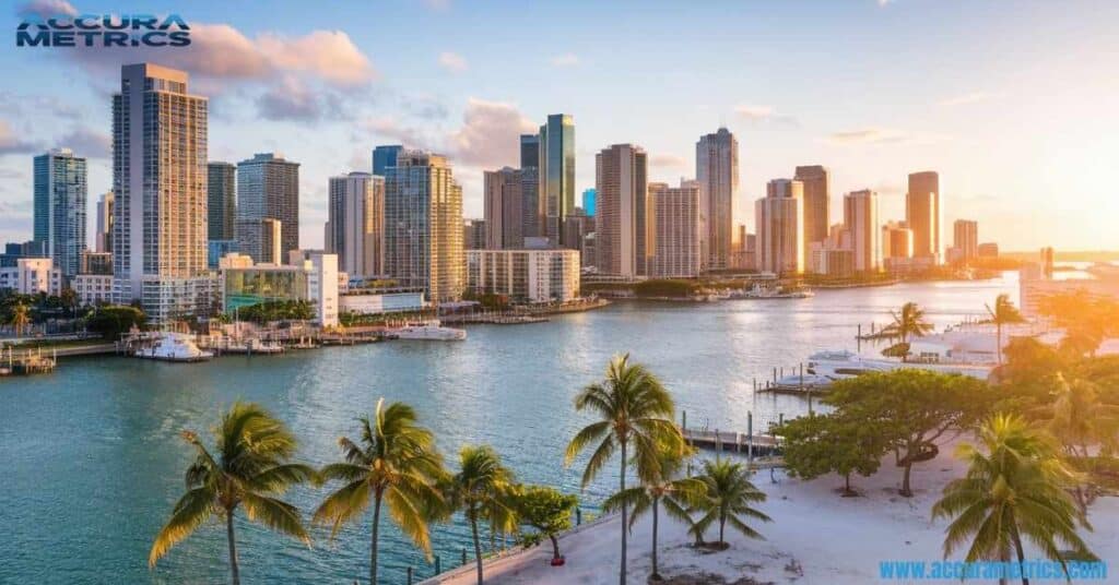 Miami skyline at sunset with palm trees and waterfront views.