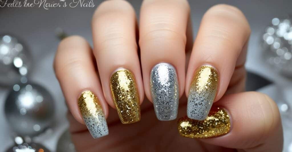 Festive ombre nails with gold to silver glitter gradient, creating a luxurious and shimmering effect for Christmas nails.