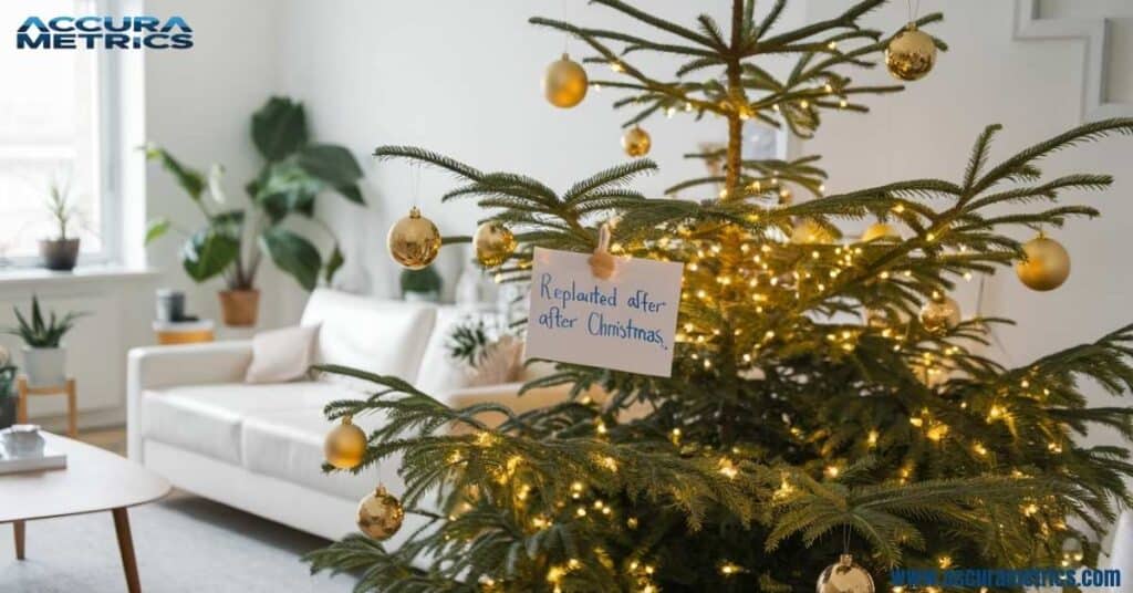 A festive living room decorated with holiday lights, ornaments, and other seasonal decorations.