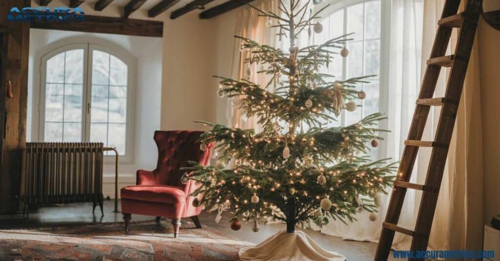 Decorated reusable artificial tree in a cozy living room.