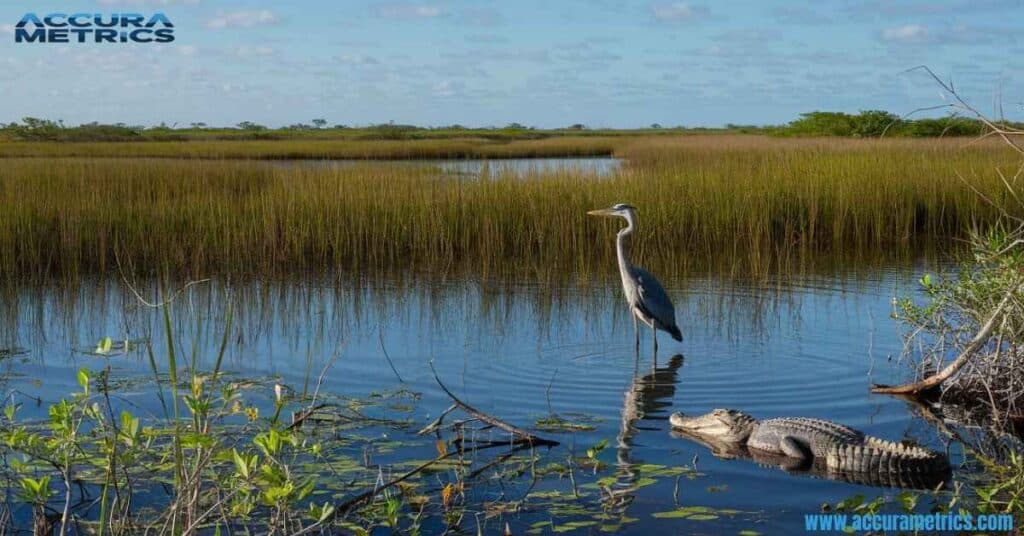 The Everglades with a heron and an alligator in a serene swamp.