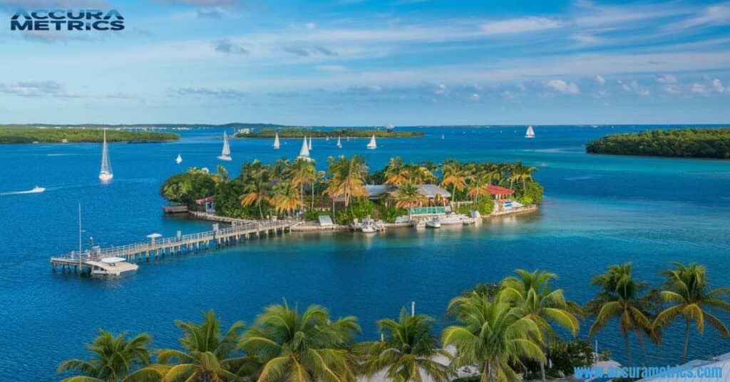 Tropical island in the Florida Keys with clear water and sailboats.