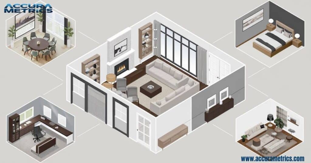 A combined layout image showing Living, Dining, Bedroom, and Home Office strategies, with the Living at the center.