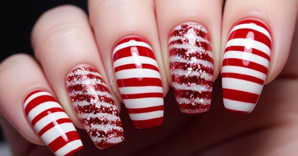 Candy cane stripes nails design with red and white polish, festive and sparkling, ideal for Christmas nail art.