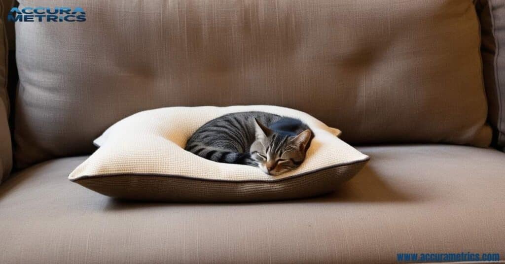 A cat resting on a couch cushion, Comparing Animal Sizes.