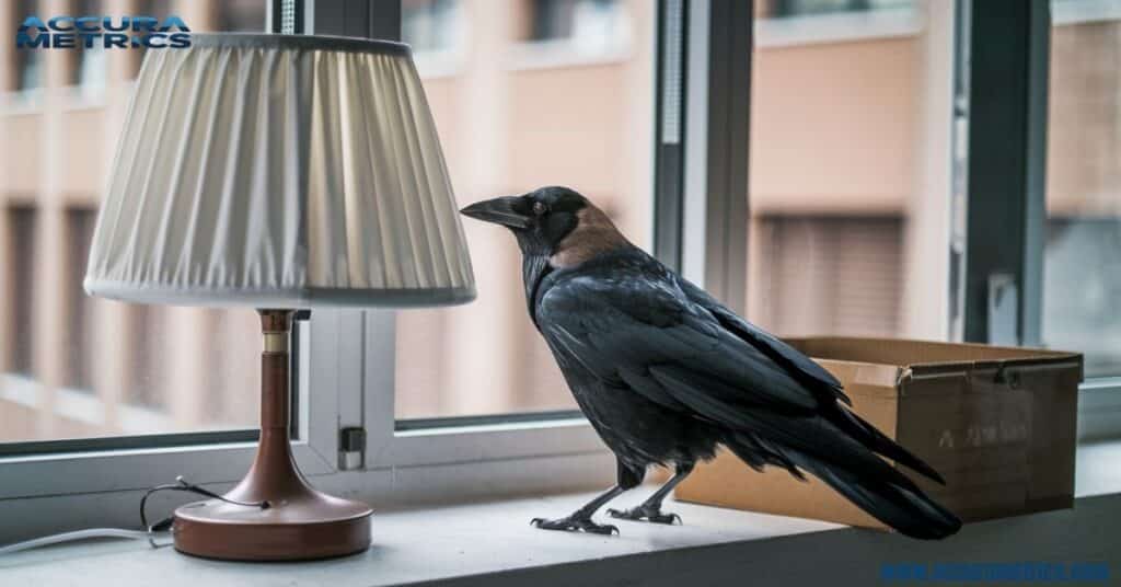 A crow next to a lampshade and shoebox for size comparison.