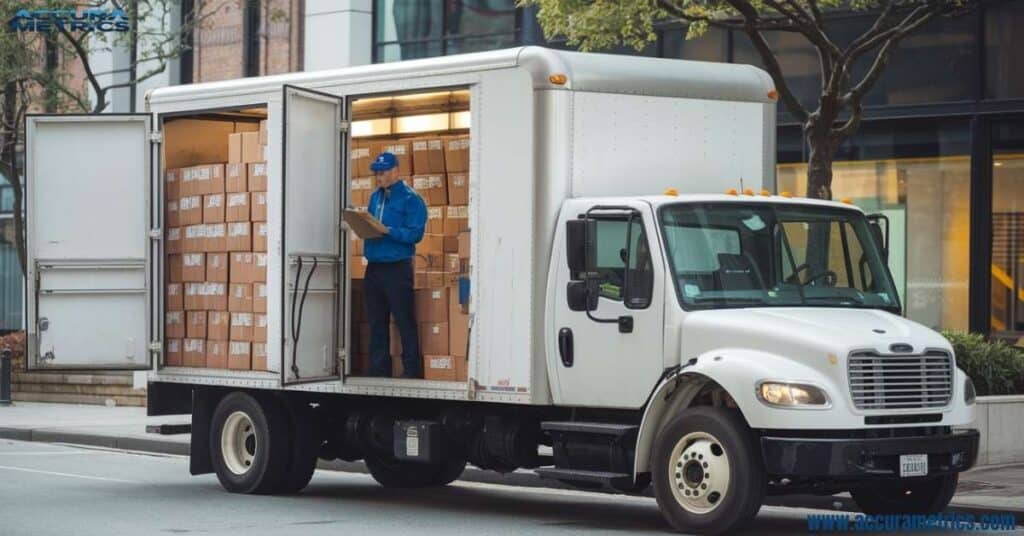 A 20 feet delivery truck parked for unloading.