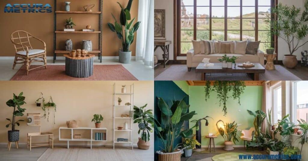 A single image showcasing sustainable furniture, natural light arrangements, waste reduction, and green decor strategies in eco friendly.