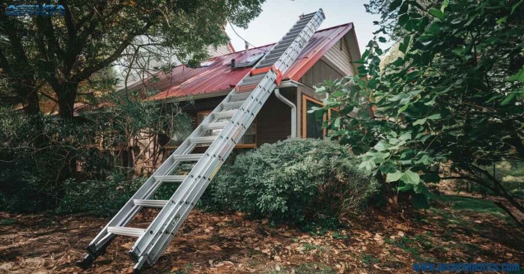 Extension ladder leaning against a house.