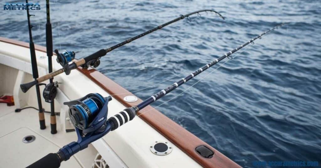 A 20 foot fishing rod on a boat, designed for big game fishing.