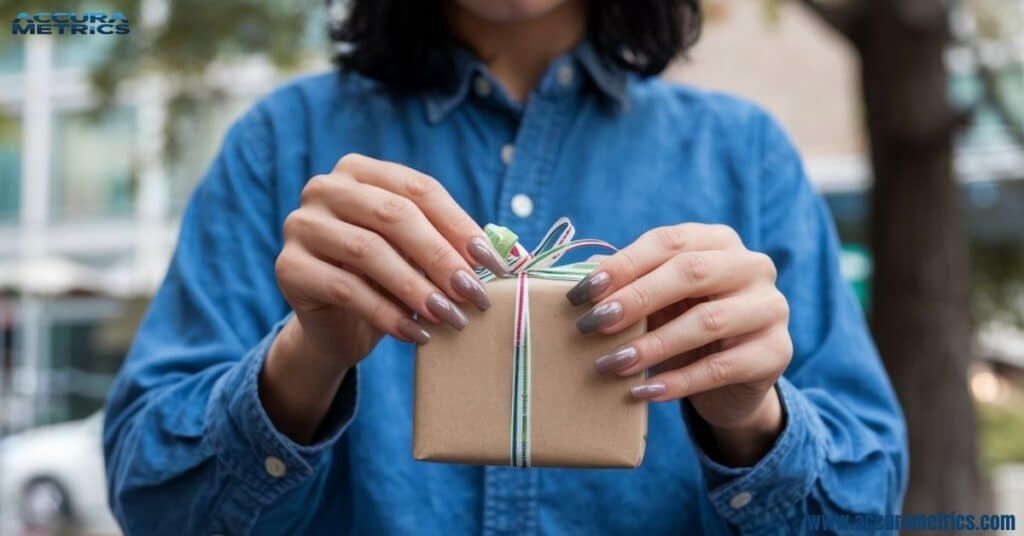 Hands with short nails wrapping a holiday gift with festive nail art.