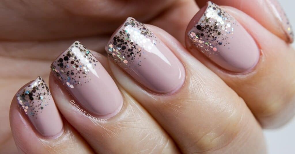 Glitter tips with a nude base and sparkling tips, a simple yet glamorous holiday design.