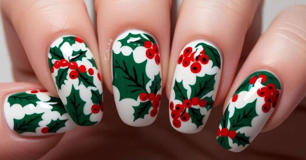 Holly leaves and berries art, showcasing a classic and elegant design.