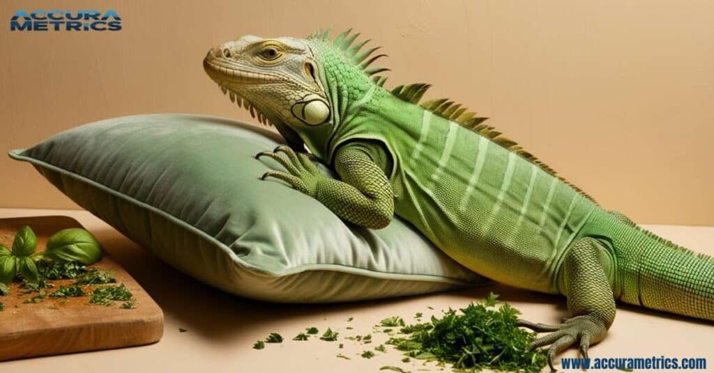 An iguana lying next to a pillow and cutting board for size comparison.