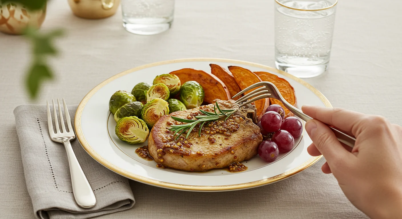 WW Rosemary Pork Plated WW Rosemary Pork with a pork chop, roasted vegetables, and grapes, as a hand with a fork reaches towards it in a classy dining setup.