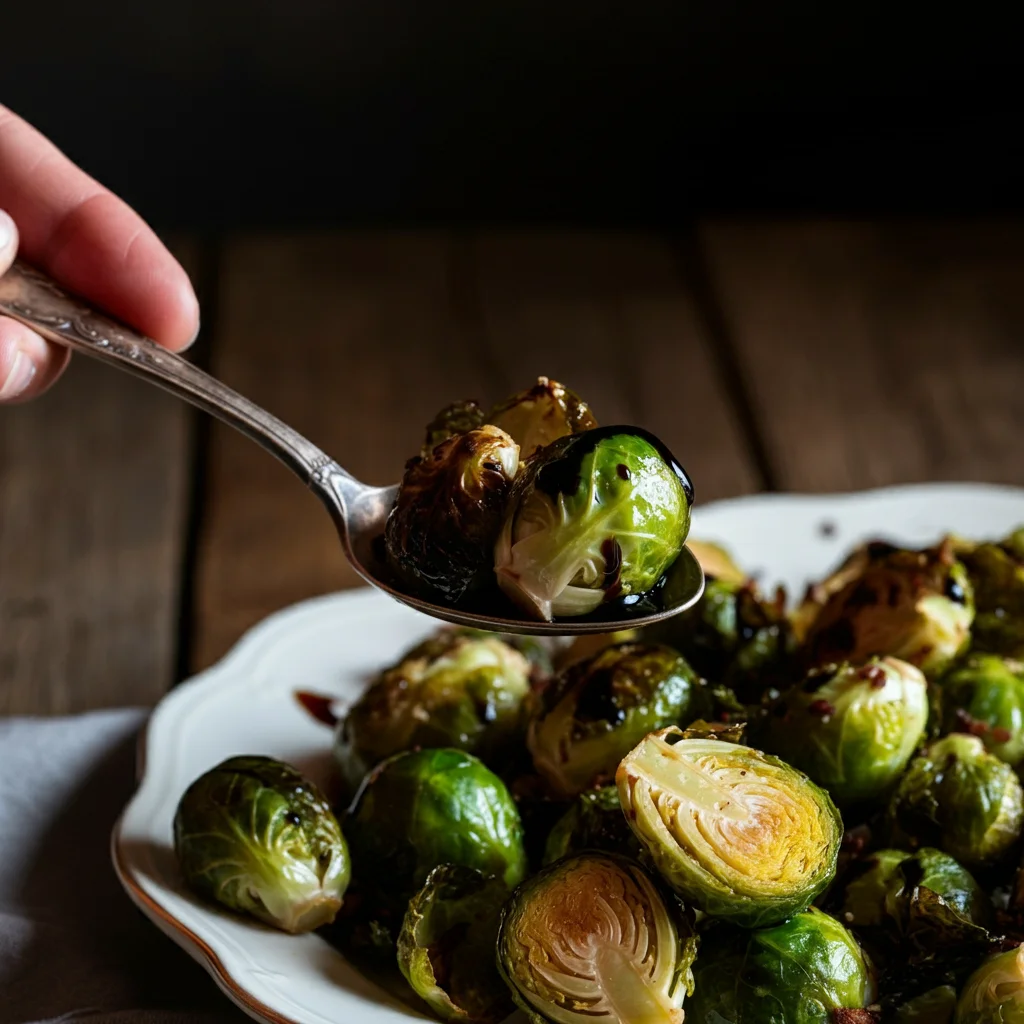 Roasted Brussels Sprouts with Balsamic Glaze Hand holding a spoon of roasted Brussels sprouts with balsamic glaze, plate in the background on a rustic table.