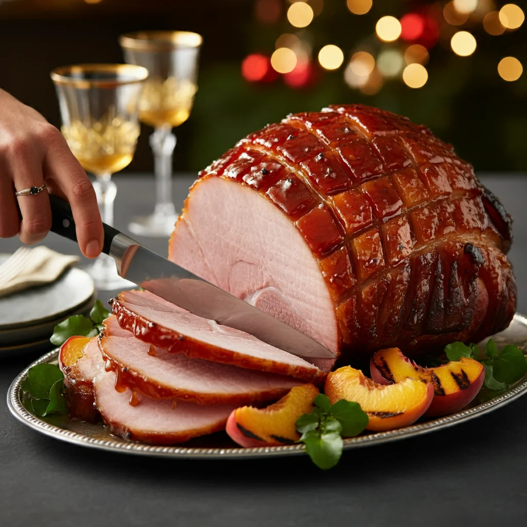 WW Orange-Glazed Ham with Grilled Peaches Hand slicing Orange Glazed Ham on a silver platter with grilled peaches and watercress, set against a festive holiday background.