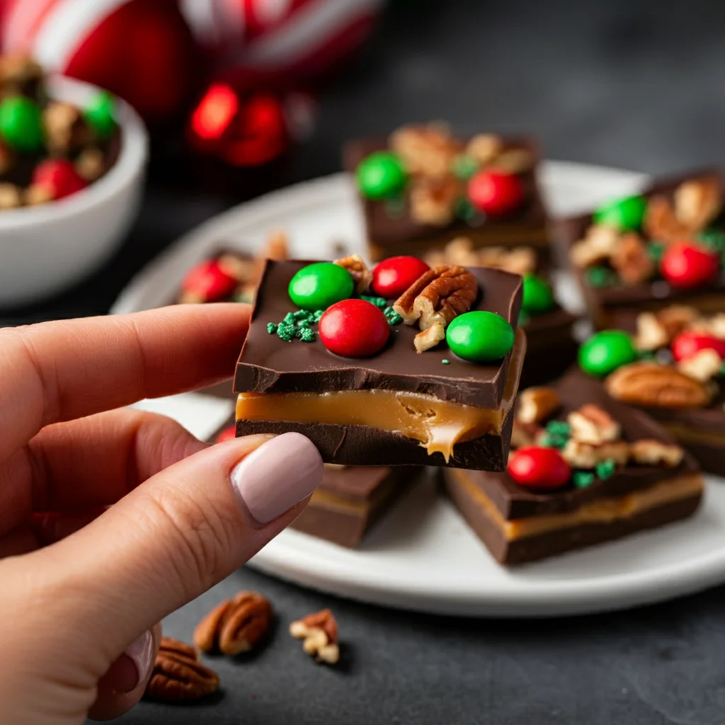 Keto Christmas Cracker Candy Hand holding a piece of Keto Christmas Cracker Candy with festive toppings, plate of candy in the background.