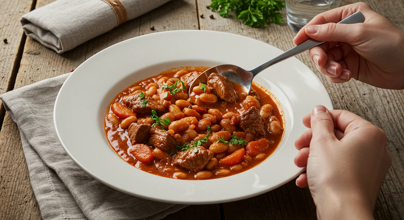 WW Spicy Goulash with Beans Hand holding a spoon of WW Spicy Goulash with Bean Stew from a white ceramic plate on a rustic table.