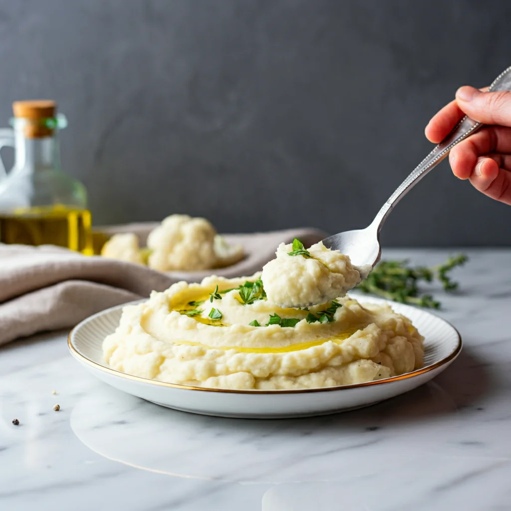 WW Garlic Mashed Cauliflower WW Garlic Mashed Cauliflower on a white plate with a golden rim, a hand lifting a spoonful, surrounded by a marble countertop and fresh herbs.