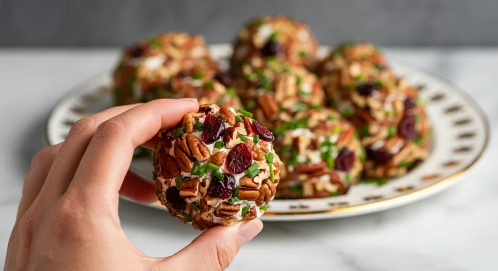 Keto Cheese Ball Hand holding a keto cheese ball with pecans and cranberries, with more cheese balls on a white plate in the background.