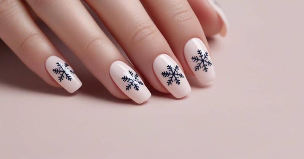 Minimalist snowflakes nails on a soft pastel base, elegant and simple winter inspired holiday nail art.