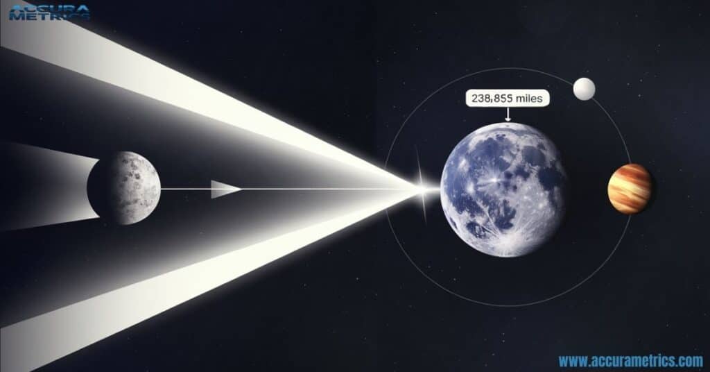 Illustration of light traveling from Earth to the Moon in 1.28 light seconds, with the distance of 238,855 miles.