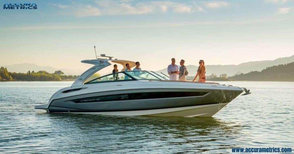 A 20 feet motorboat on calm water.