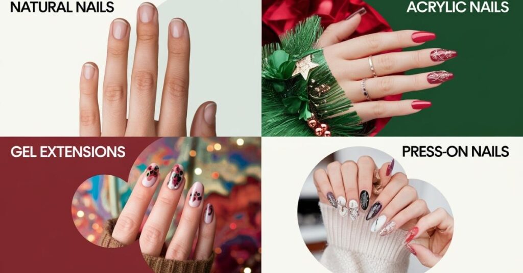 natural, acrylic, gel extensions, and press on with festive features.